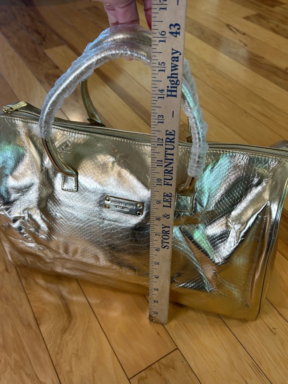 Michael Kors Metallic Gold Snakeskin Embossed Women's Satchel Tote Weekend Bag - Picture 12 of 16